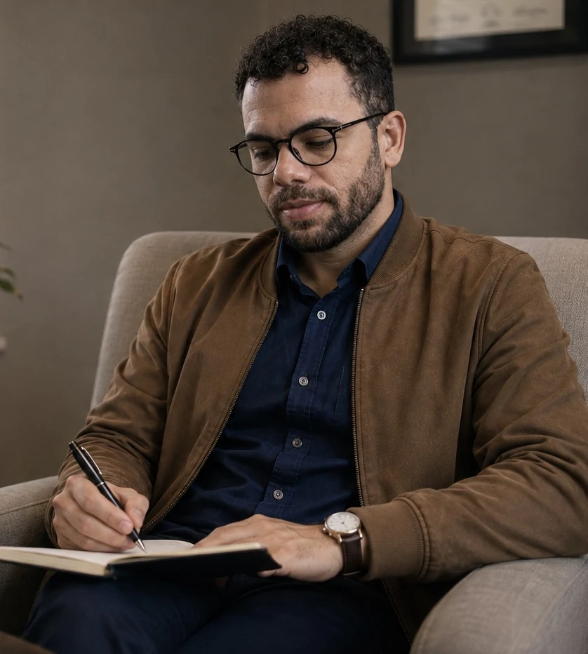 Gilberto Ribeiro Ramos escrevendo durante atividade profissional