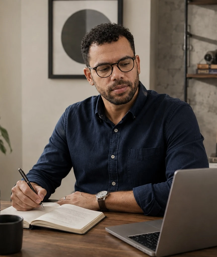Gilberto Ribeiro Ramos em mesa de trabalho com caderno e computador
